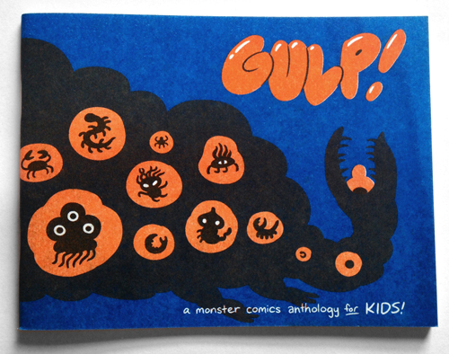 The Gulp Anthology is  hand-made risograph of blue and orange 